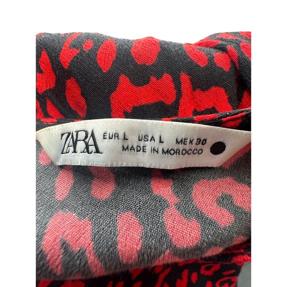 NEW! Zara Womans L Leopard Print Midi Dress Long Sleeve 100% Viscose Red Black - Picture 7 of 7